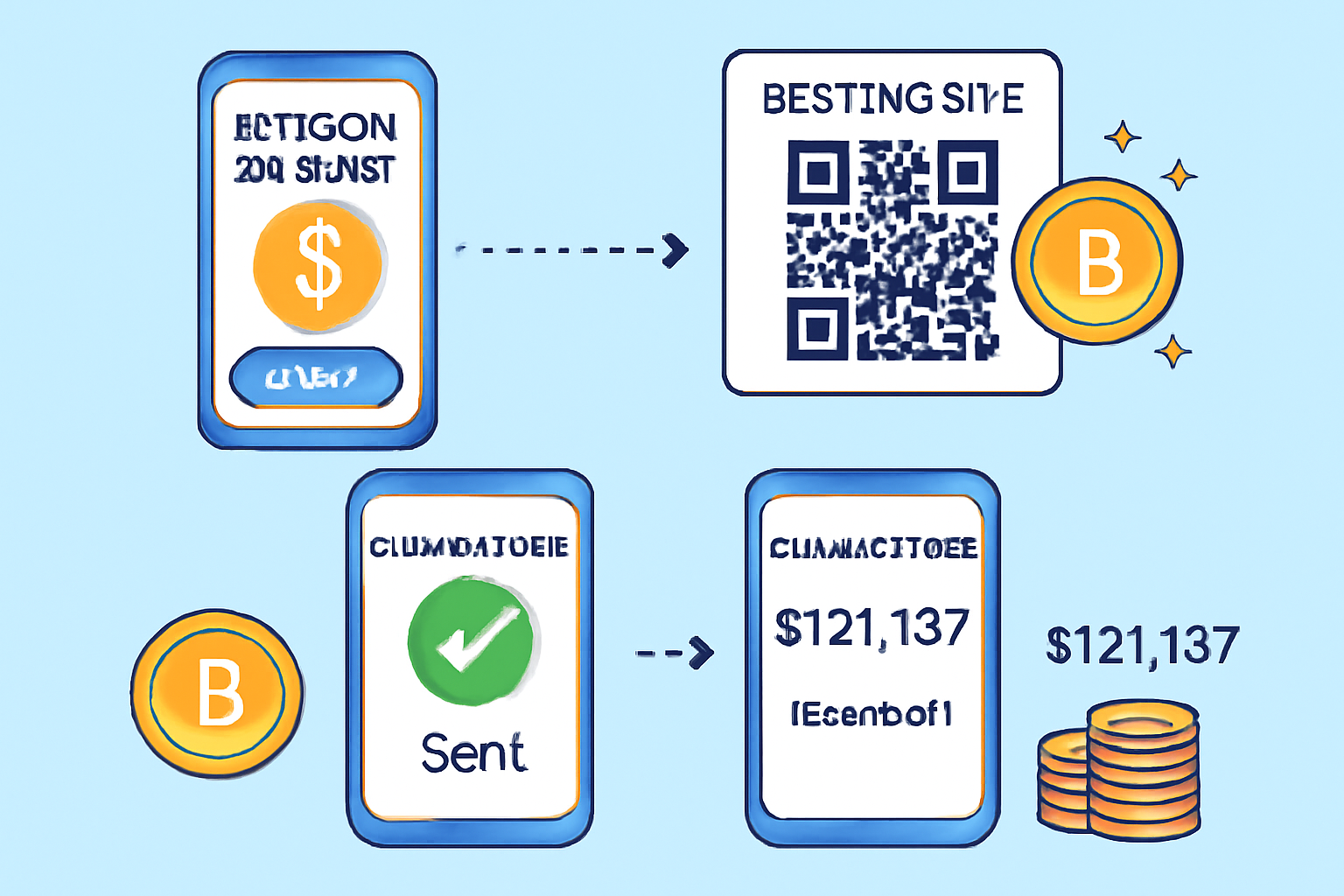 A Bitcoin wallet sending BTC to a betting site using a QR code, with confirmation screens and the price $121,137 visible, digital currency visuals