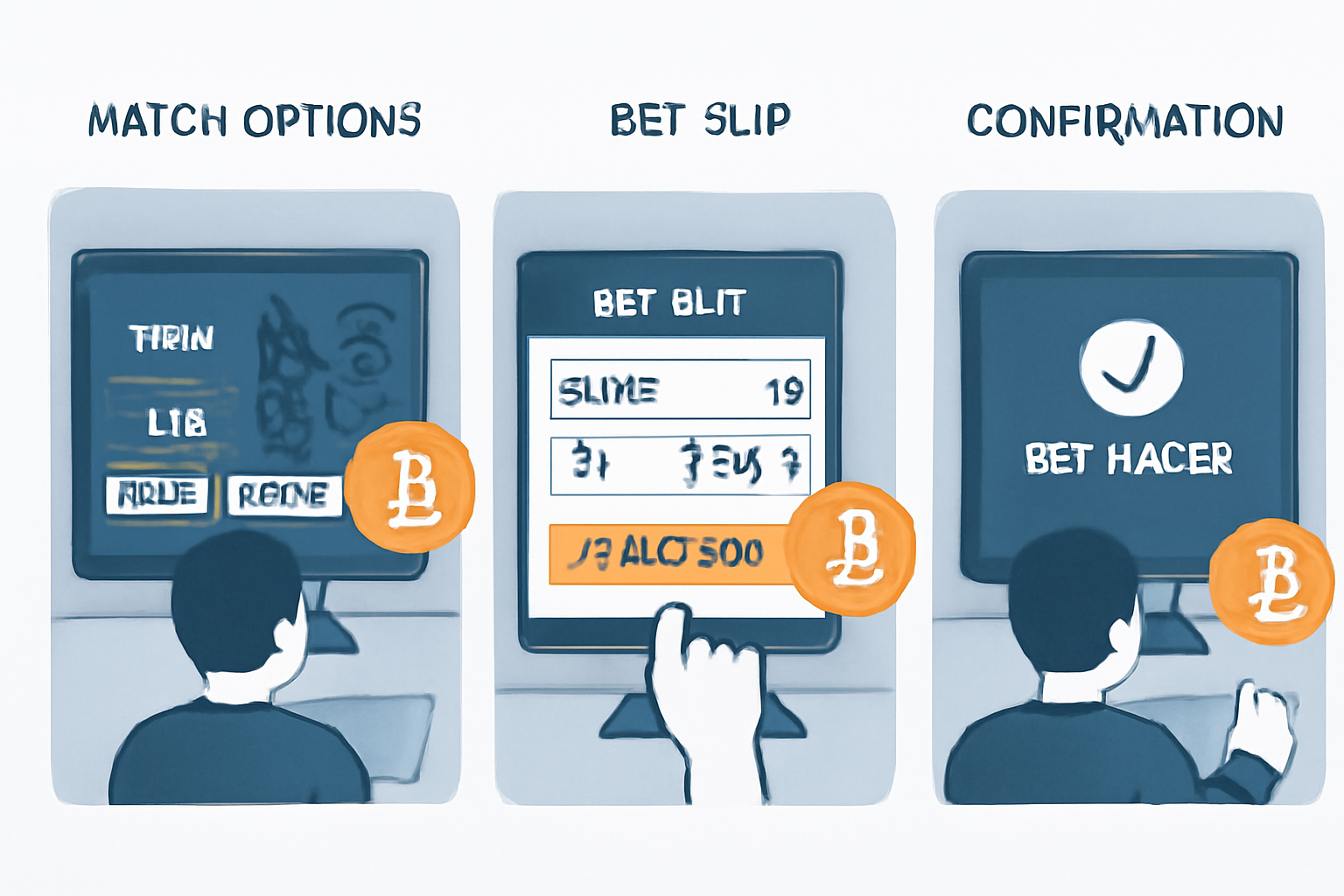 A user placing an esports bet online, showing match options, bet slip, and confirmation, with esports graphics and Bitcoin symbols