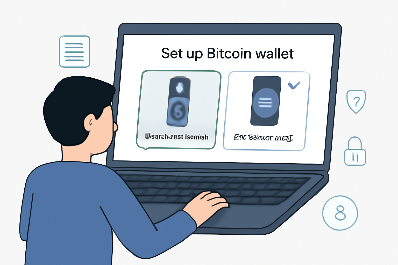 A person setting up a Bitcoin wallet on a laptop, with hardware and software wallet options displayed, secure and modern interface, digital security icons