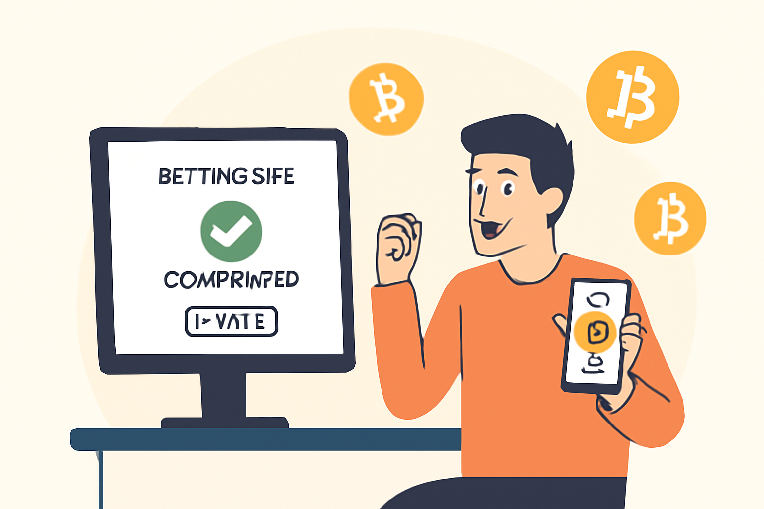 A user withdrawing Bitcoin winnings from a betting site to their wallet, with confirmation screen and BTC symbols, happy expression
