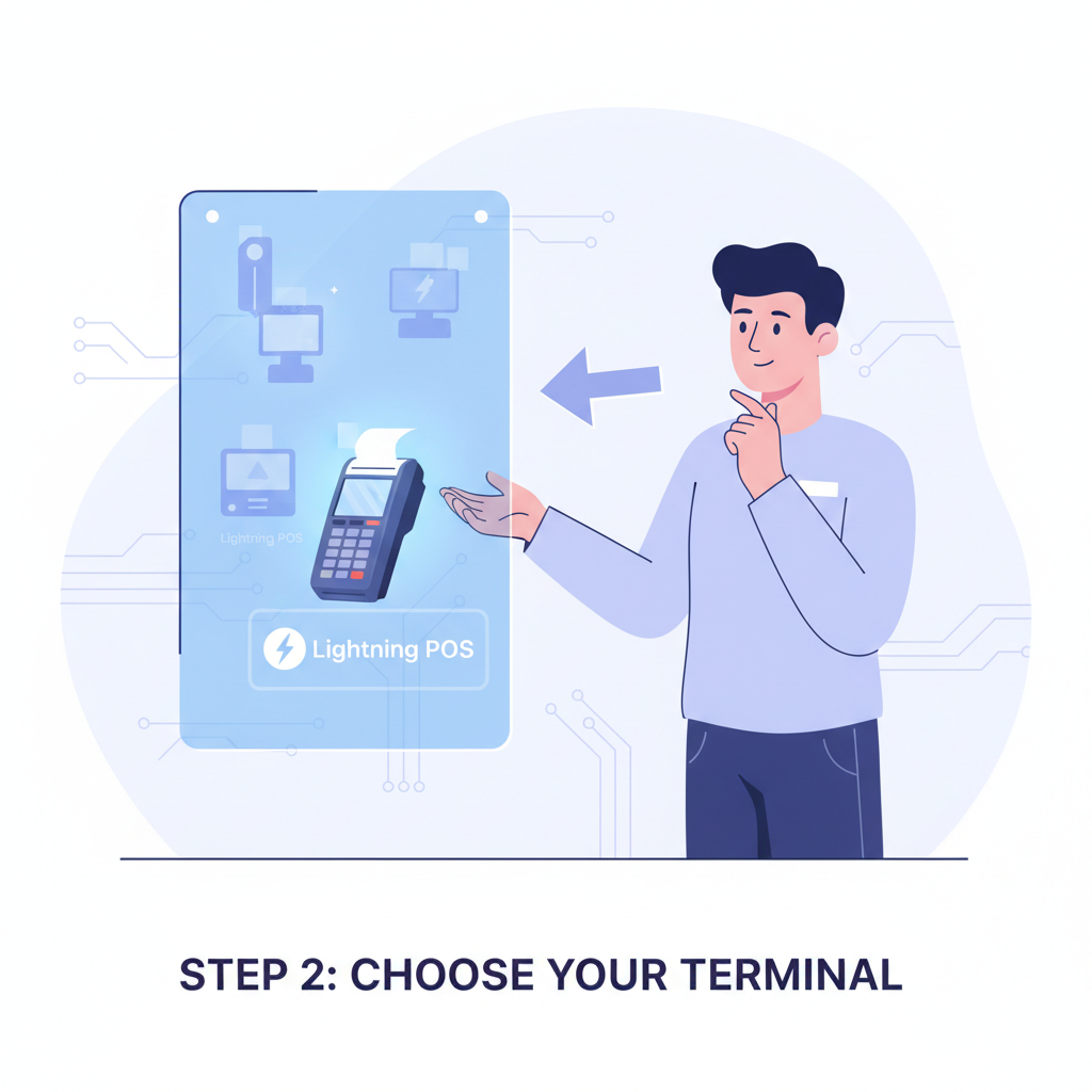 merchant thoughtfully selecting futuristic Lightning POS terminal from options on holographic display