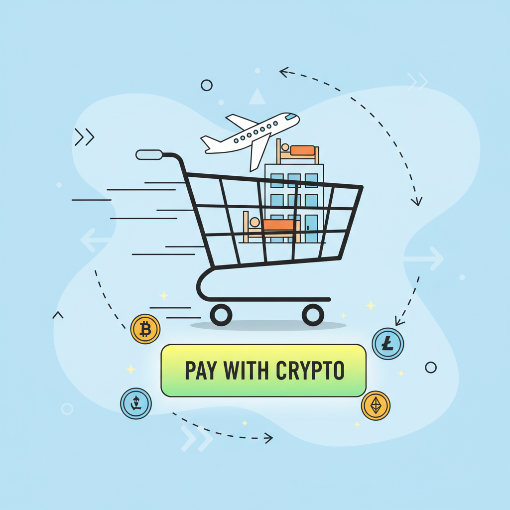 shopping cart with airplane and hotel icons, crypto payment button highlighted, fast-paced action style