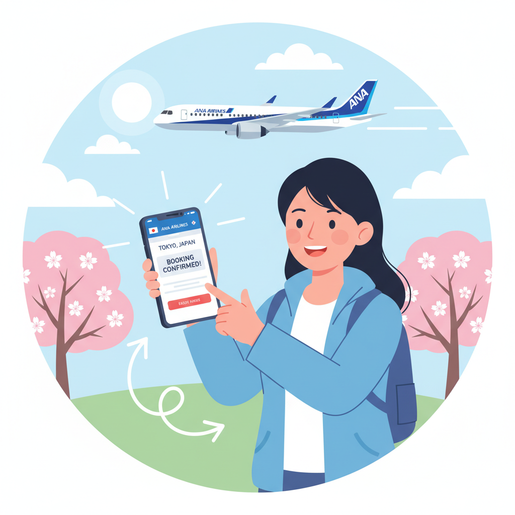 excited traveler on phone booking ANA airplane to Tokyo, cherry blossoms and plane in sky, dynamic composition