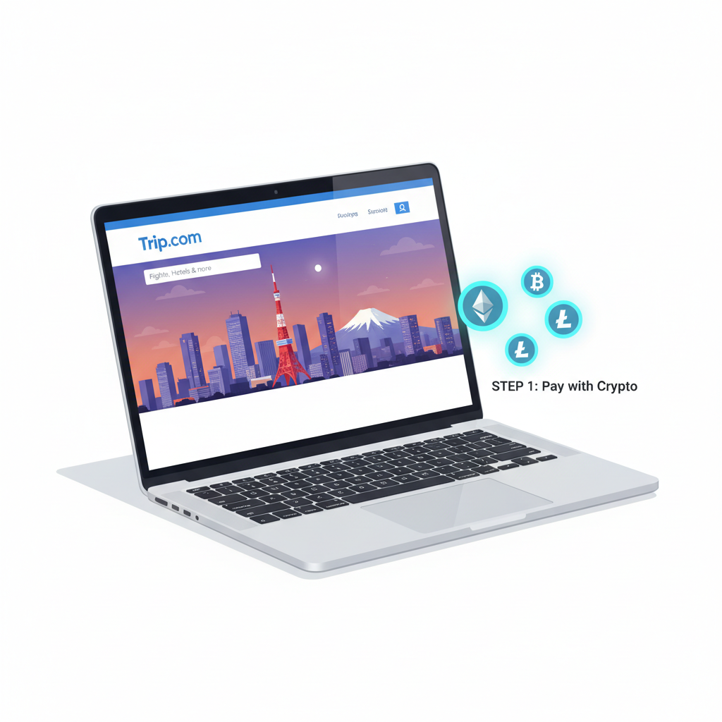 sleek laptop screen showing Trip.com homepage with Tokyo skyline background, crypto payment icons glowing
