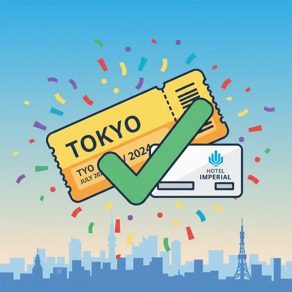 success checkmark with Tokyo ticket and hotel key, confetti explosion, celebratory colors