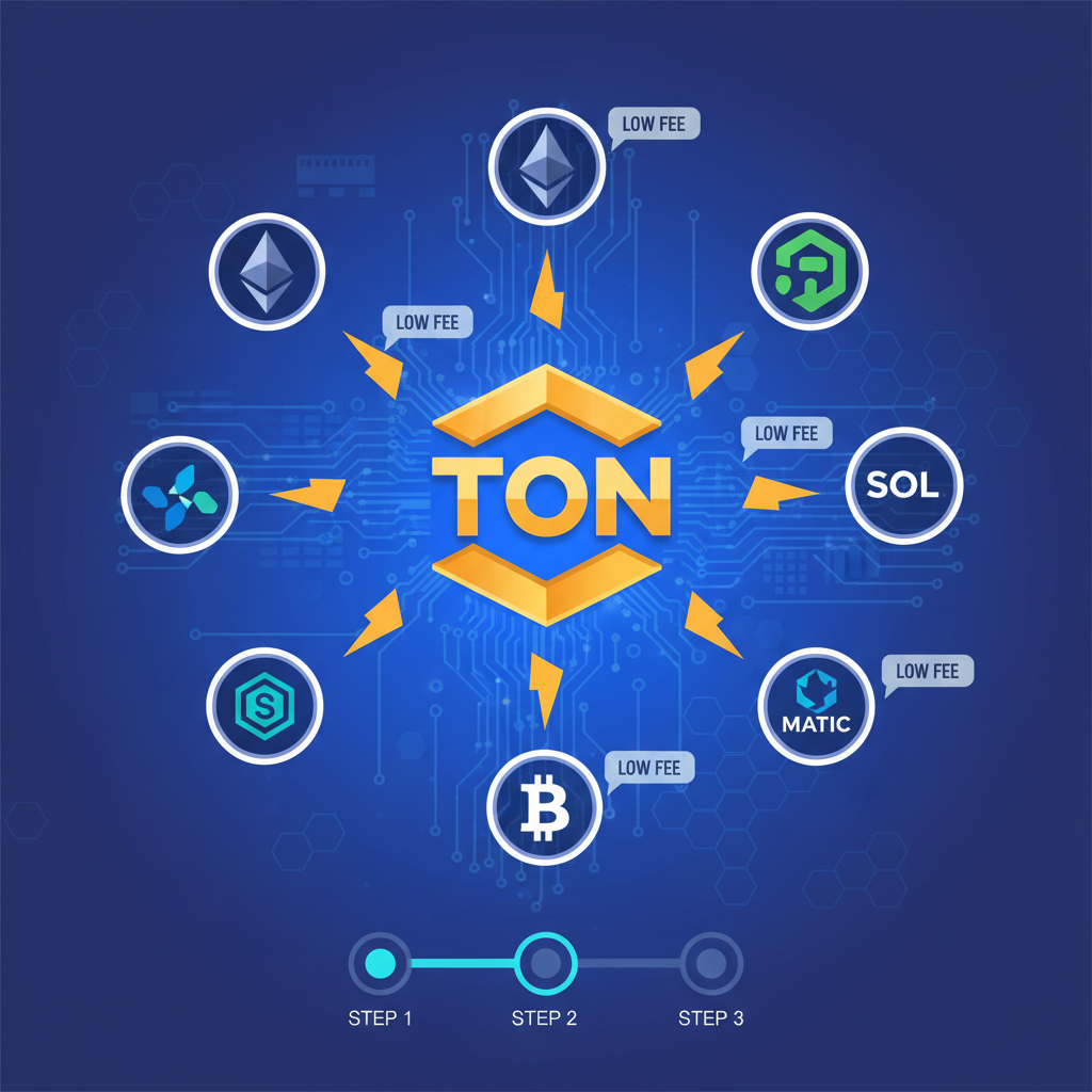 blockchain networks icons with TON highlighted in gold, low fee lightning bolts, futuristic dashboard