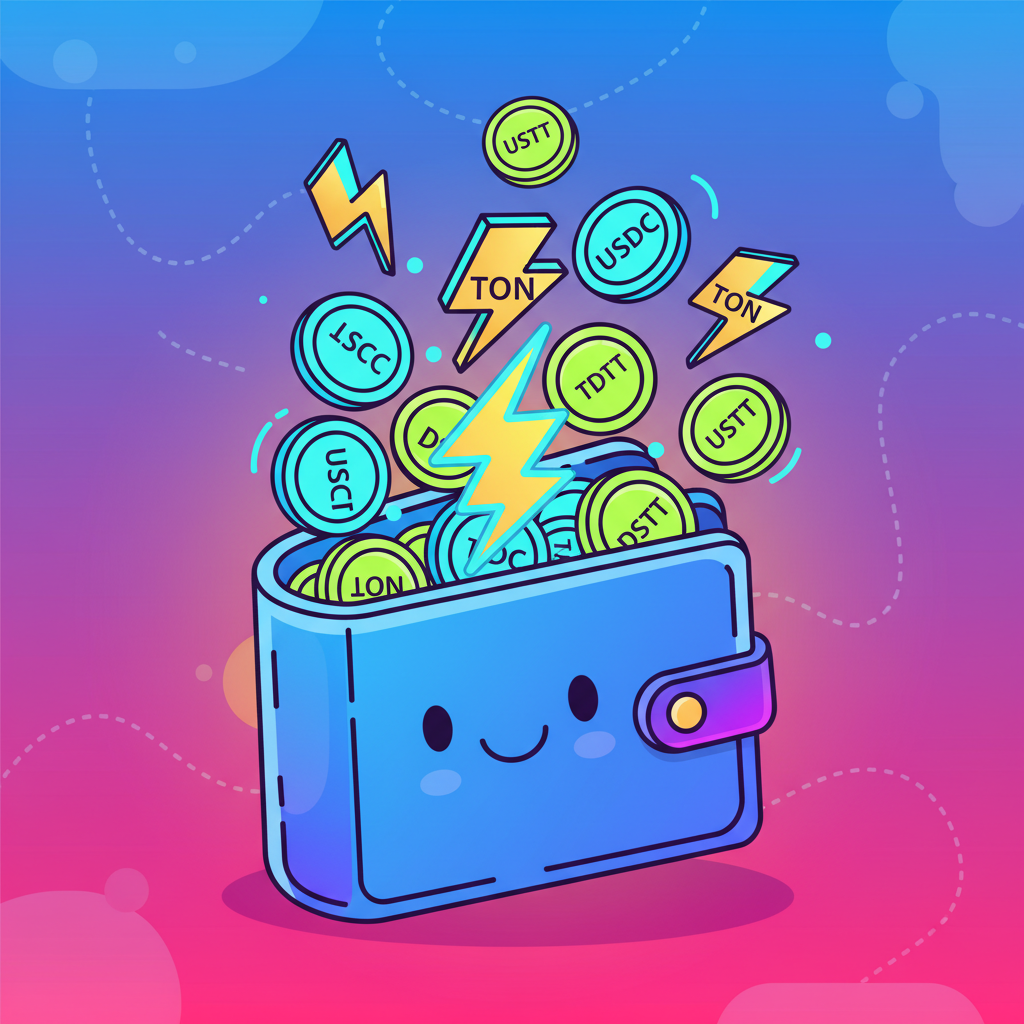 energetic cartoon wallet overflowing with USDC USDT coins and TON lightning bolt logo, vibrant neon colors