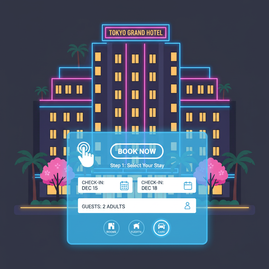 luxurious Tokyo hotel facade at night with neon lights, booking app overlay, inviting and energetic