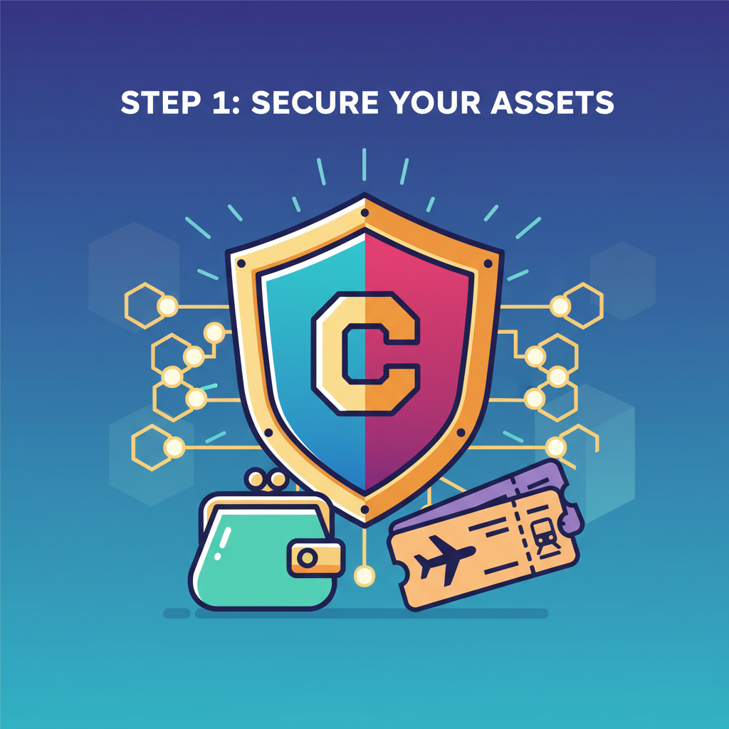 shield icon guarding crypto wallet and travel tickets, onchain blockchain elements, heroic vibrant art