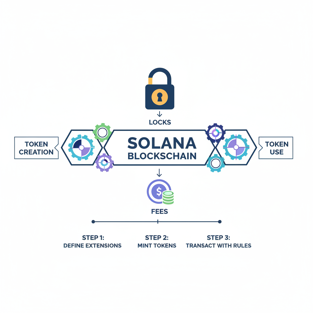 Solana token extensions diagram, locks and fees icons, blockchain gears turning