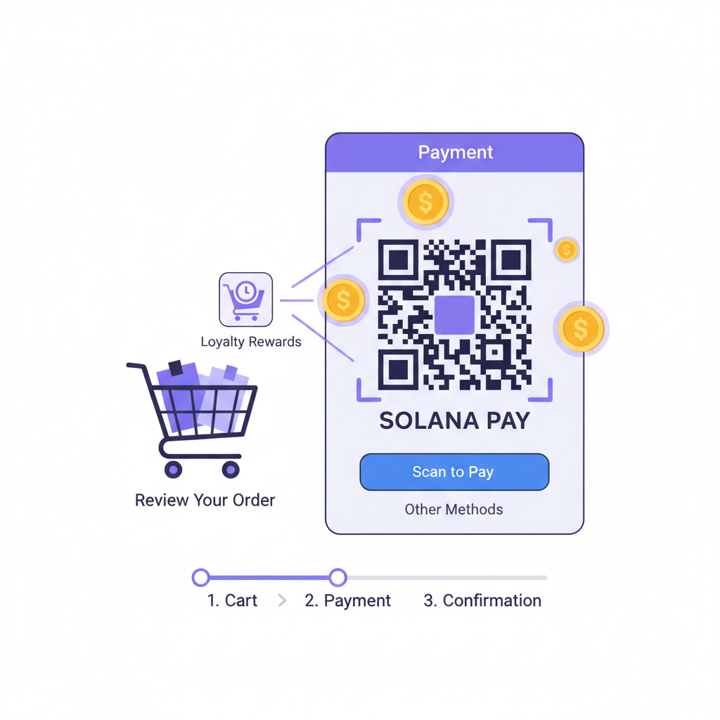 e-commerce checkout with Solana Pay QR code, loyalty tokens flowing, shopping cart