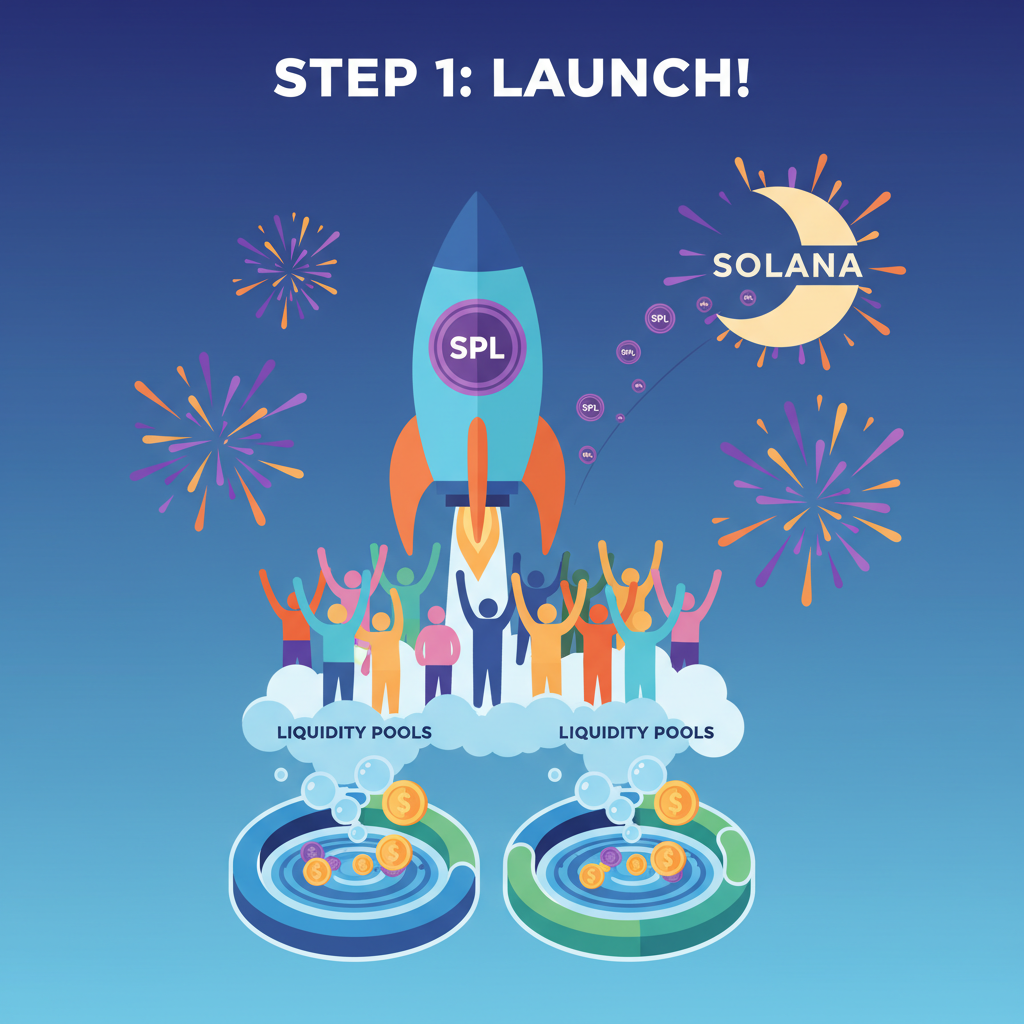 rocket launching SPL token to moon, liquidity pools, crowd cheering, Solana fireworks