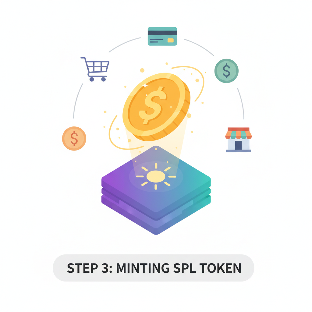 SPL token minting animation, golden token emerging from Solana network, e-commerce icons
