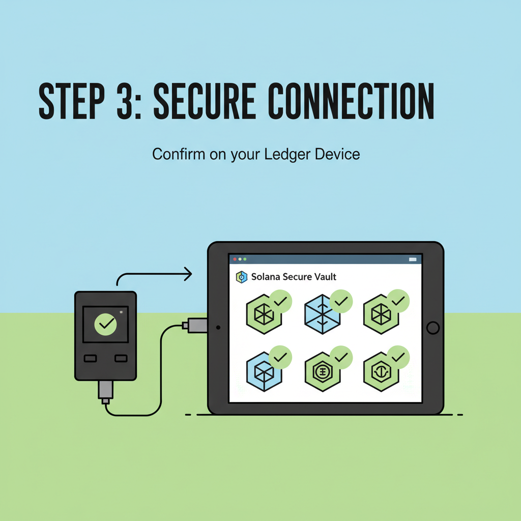 Ledger hardware wallet connected to Solana dApp, secure token vault, green checkmarks
