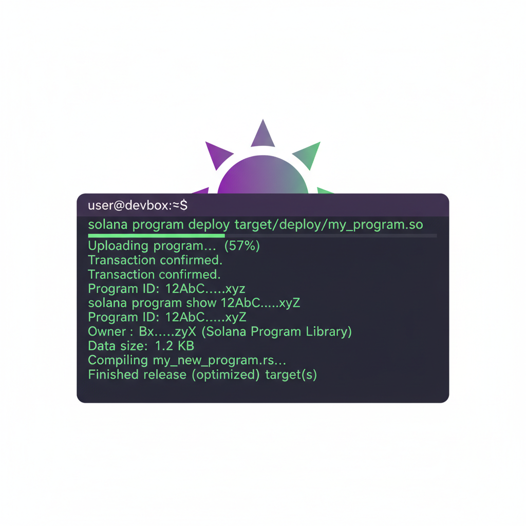 developer terminal with Solana CLI commands, code compiling, Solana logo background