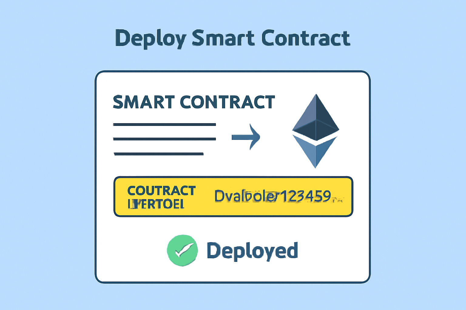 A smart contract being deployed to the Ethereum blockchain, with a highlighted contract address and deployment confirmation.