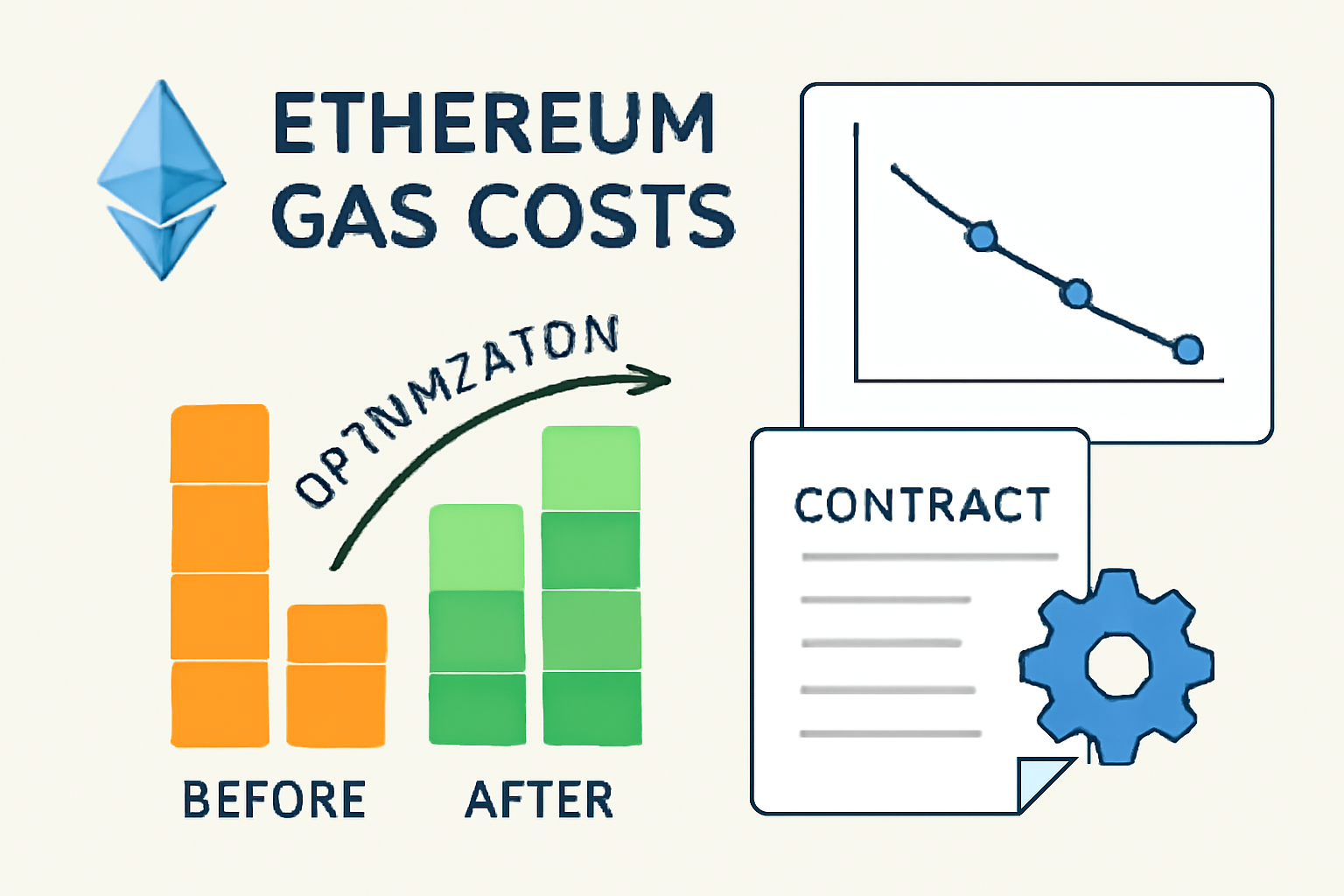 A visualization of Ethereum gas costs, with charts showing optimization and a contract being optimized for lower gas usage.