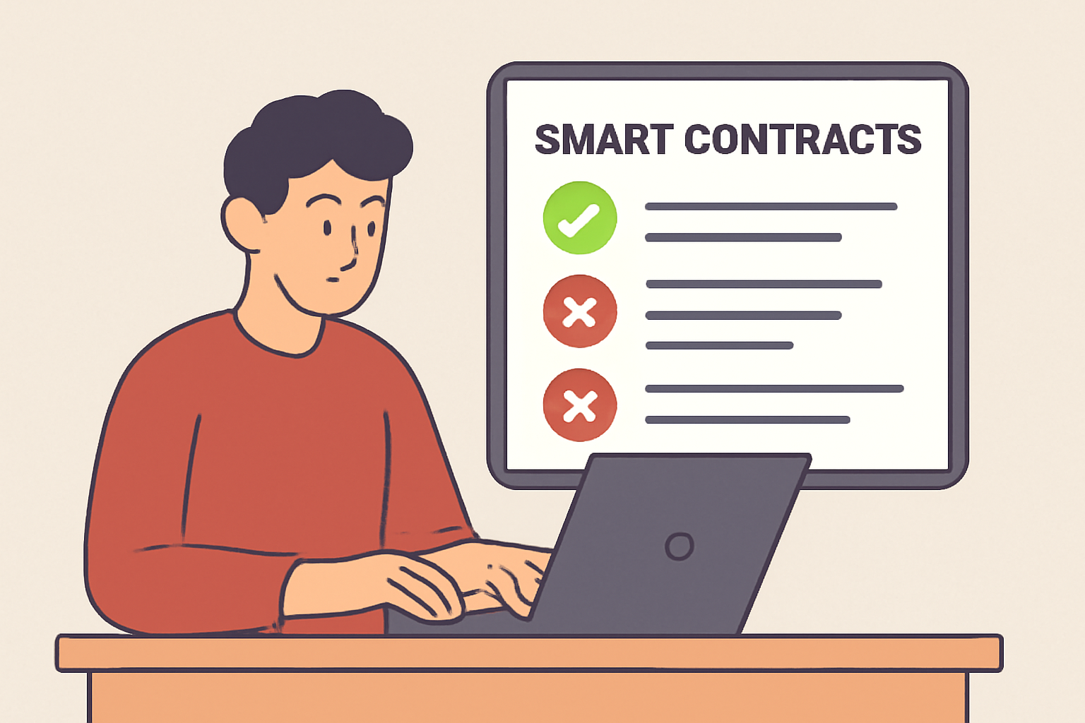 A developer running tests on smart contracts, with green checkmarks for successful tests and red Xs for failed proofs.
