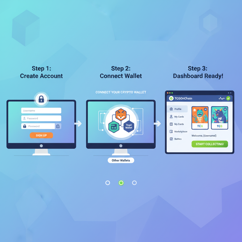 User creating account on TCGOnChain website dashboard, modern UI, crypto wallet connection