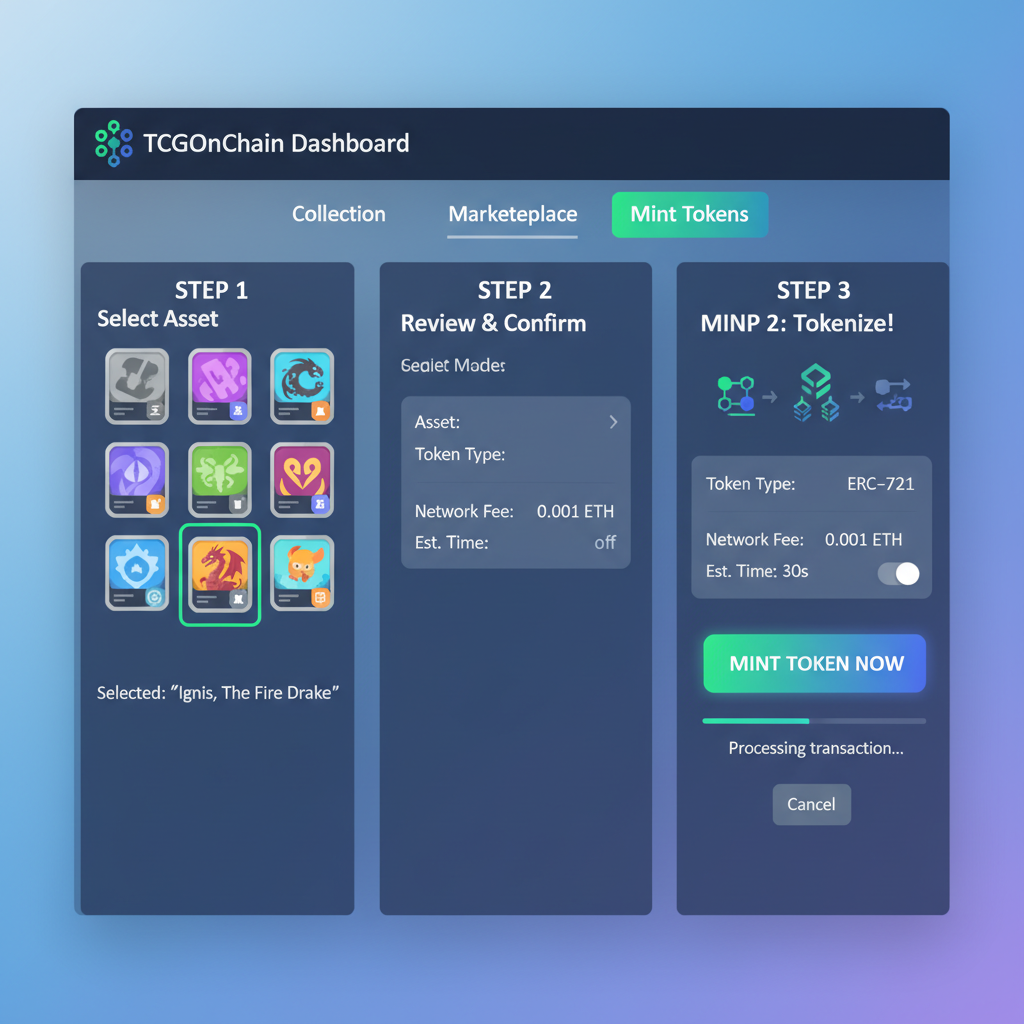 TCGOnChain dashboard interface showing tokenization mint button, sleek blockchain UI