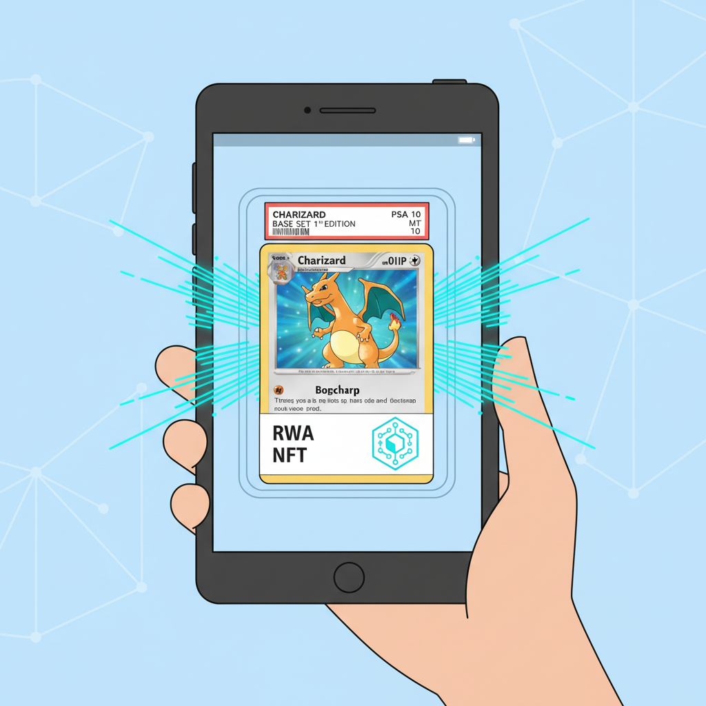 RWA NFT of graded Pokémon card in digital wallet, blockchain glow, high detail