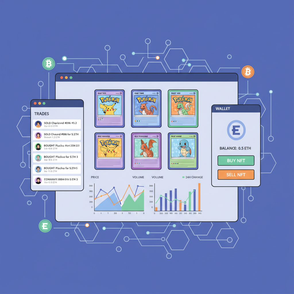 Blockchain marketplace trading Pokémon card NFTs, charts and trades, dynamic crypto scene