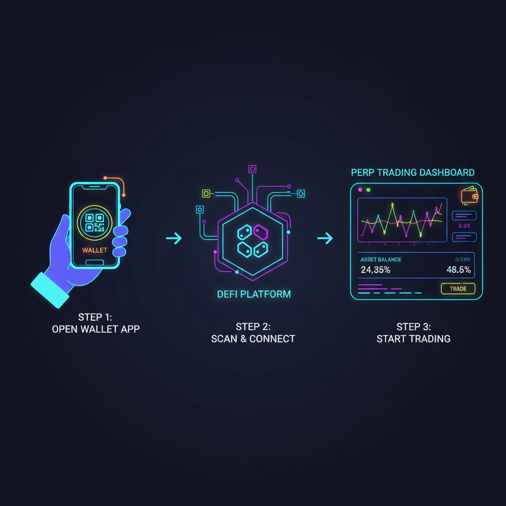 user connecting crypto wallet to DeFi perp trading dashboard, neon UI, futuristic