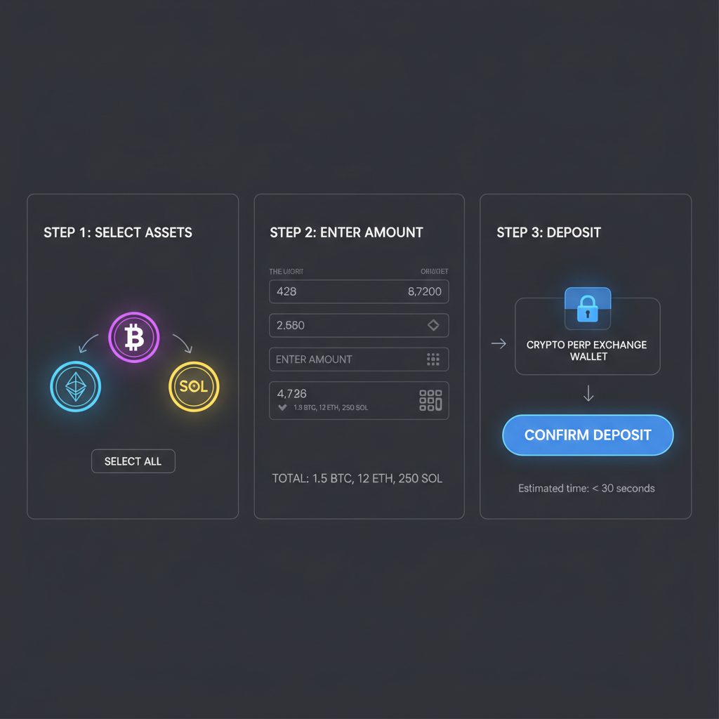 depositing BTC ETH SOL into crypto perp exchange wallet, glowing tokens, dashboard view