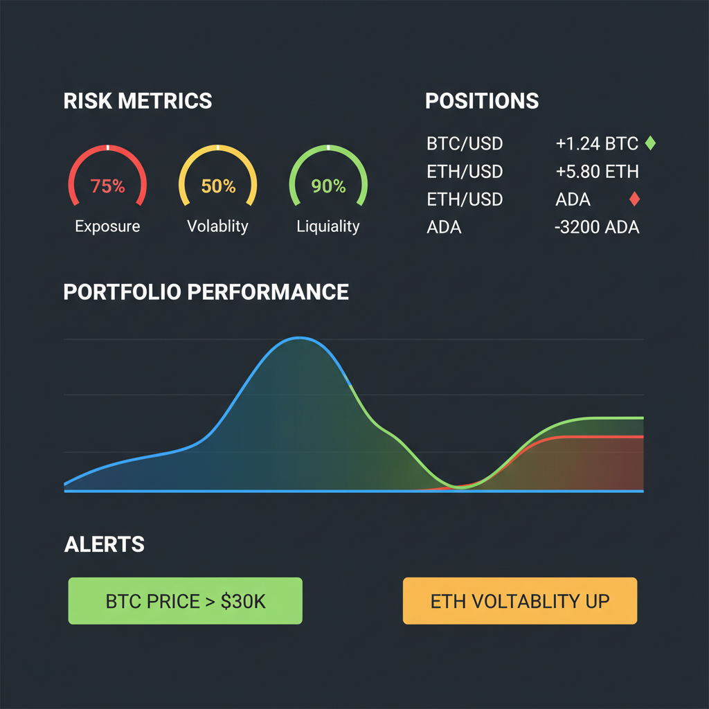 crypto trading dashboard monitoring risk metrics positions, graphs alerts, dark mode
