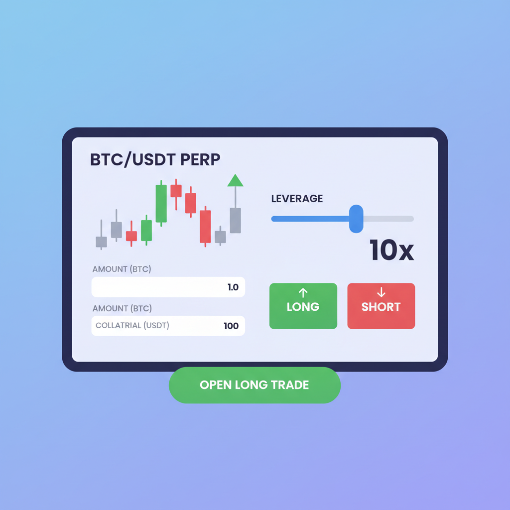 opening BTC perp futures trade on DeFi platform, charts leverage slider, bullish candle