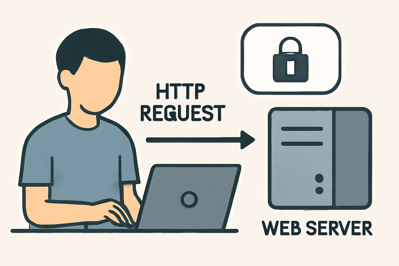 a user on a laptop sending an HTTP request to a web server, with a lock icon over the resource