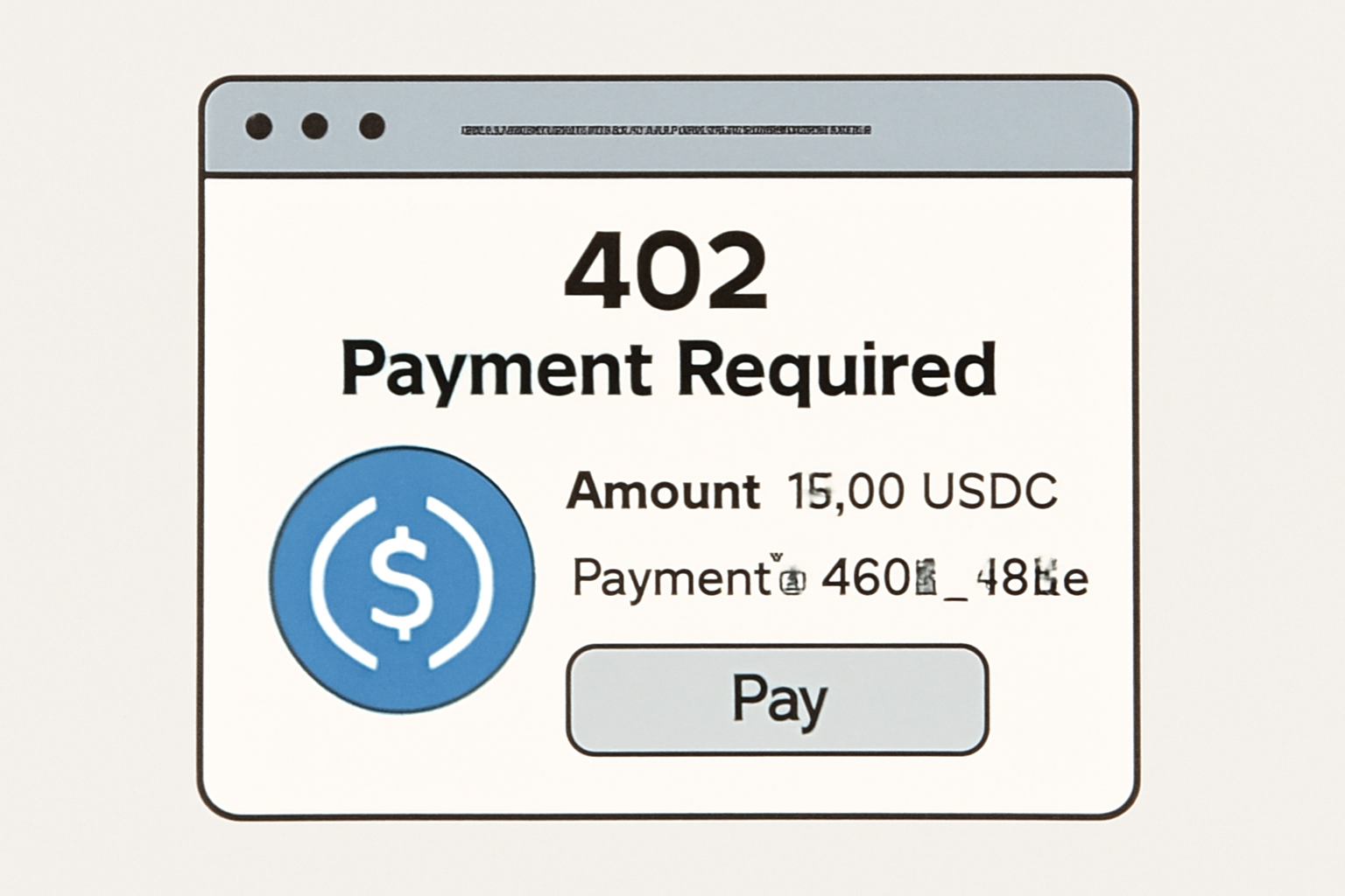 a web server returning an HTTP 402 Payment Required response, showing payment details and a USDC coin icon