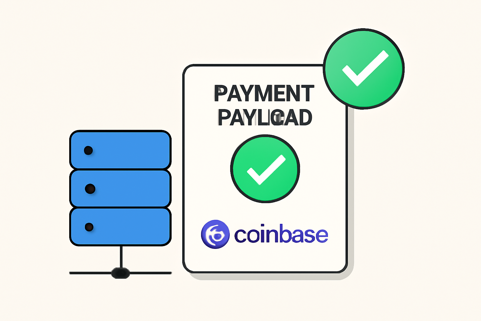 a web server checking a payment payload, with a checkmark and Coinbase logo