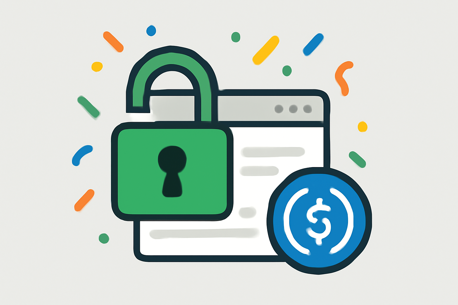 a green unlocked padlock over a web resource, with digital confetti and a USDC coin