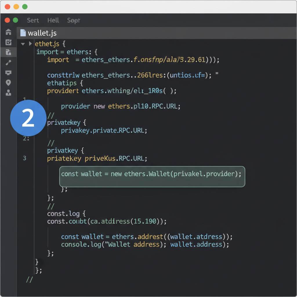 code snippet in VS Code creating ethers Wallet signer with provider, syntax highlighted, Ethereum theme