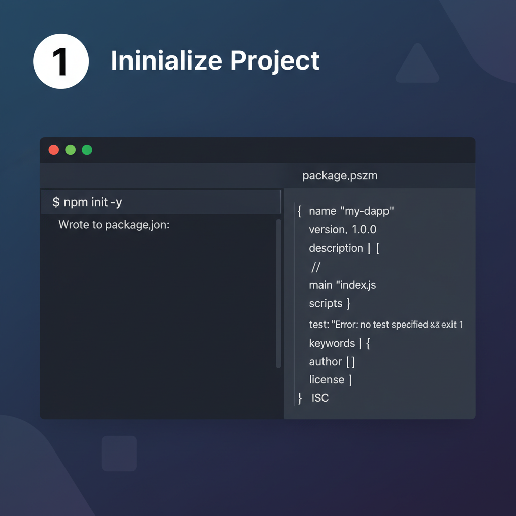 npm terminal commands for init and install ethers viem, package.json file visible, sleek code editor background