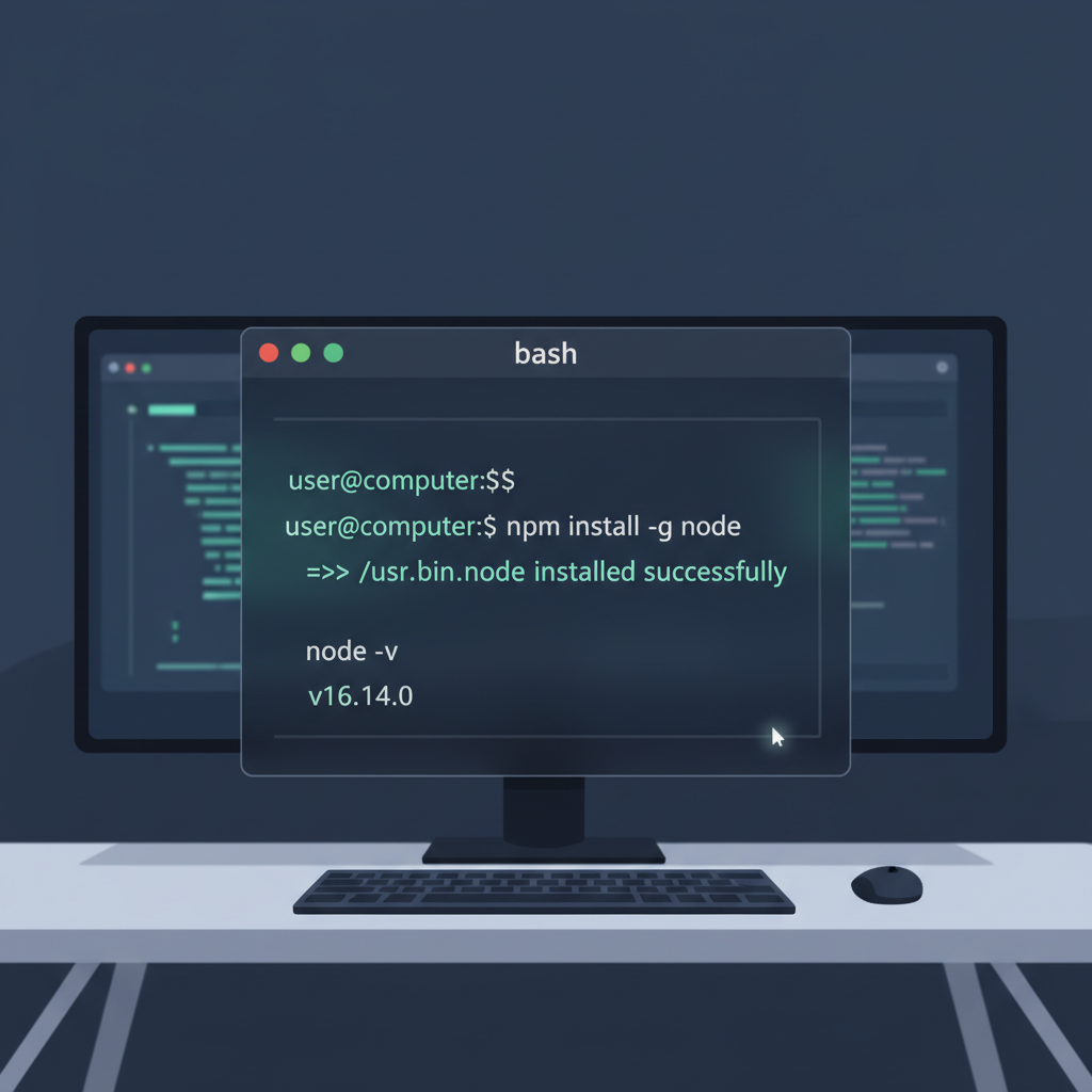 clean terminal window showing Node.js installation command and version check, modern dark theme, developer workspace