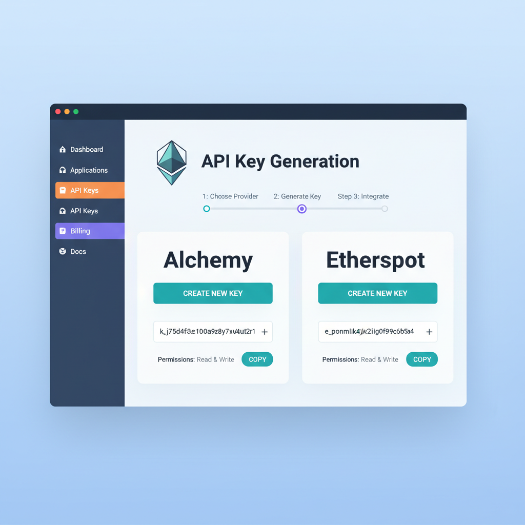web dashboard showing API key generation for Alchemy or Etherspot, Ethereum logo, professional UI screenshot