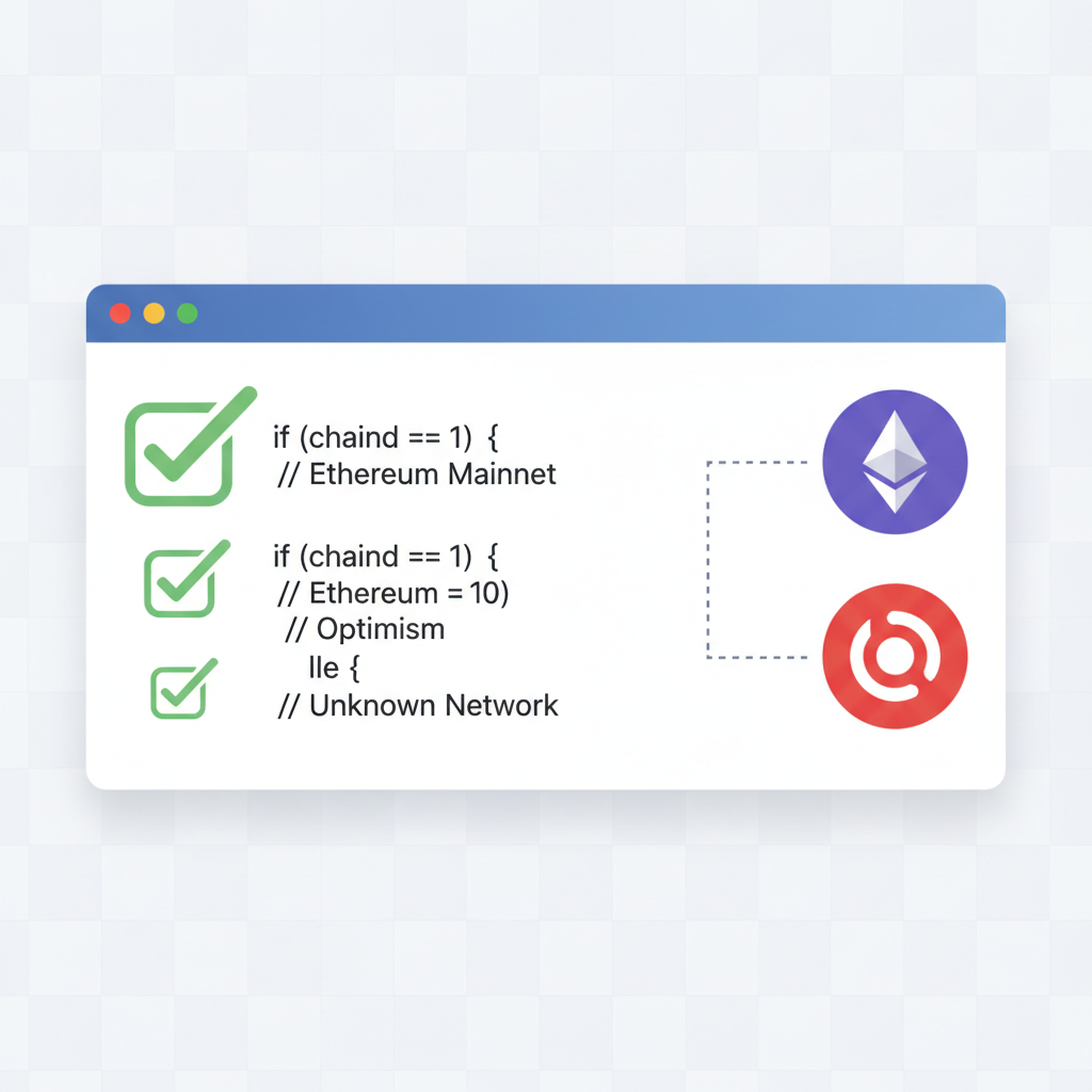 code checking Ethereum chain ID with green checkmark, blockchain network icons for ETH and Optimism, minimal UI