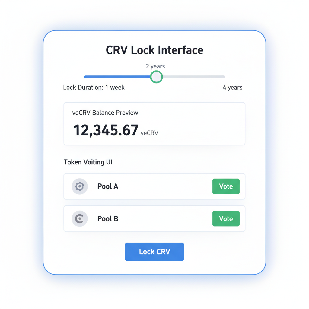 Curve CRV lock interface, slider for lock duration, veCRV balance preview, token voting UI