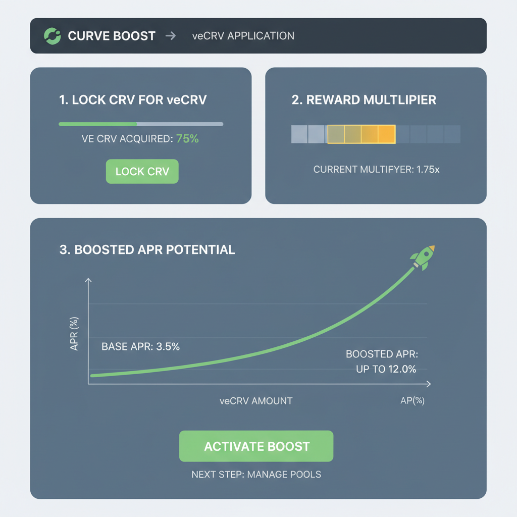 Curve boost interface showing veCRV application, reward multiplier bar, boosted APR graph