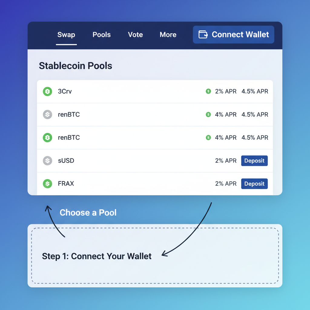 Curve Finance homepage with wallet connect button, stablecoin pools list, professional DeFi UI
