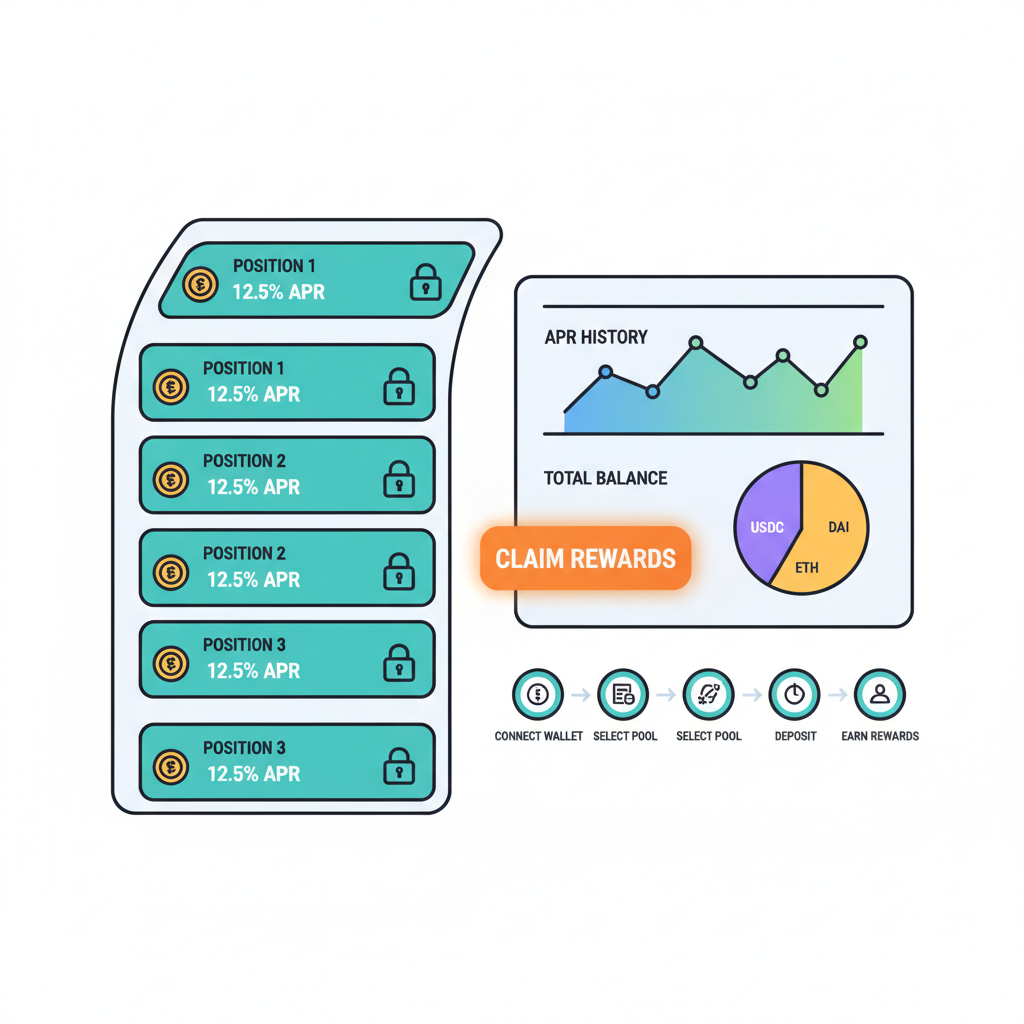Curve dashboard with multiple positions, rewards claim button, charts for APR and balances