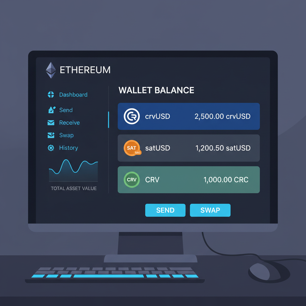 Ethereum wallet interface with crvUSD, satUSD, CRV tokens balances, crypto dashboard dark theme