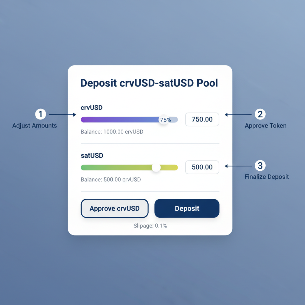 Curve deposit screen for crvUSD-satUSD pool, sliders for token amounts, approve and deposit buttons