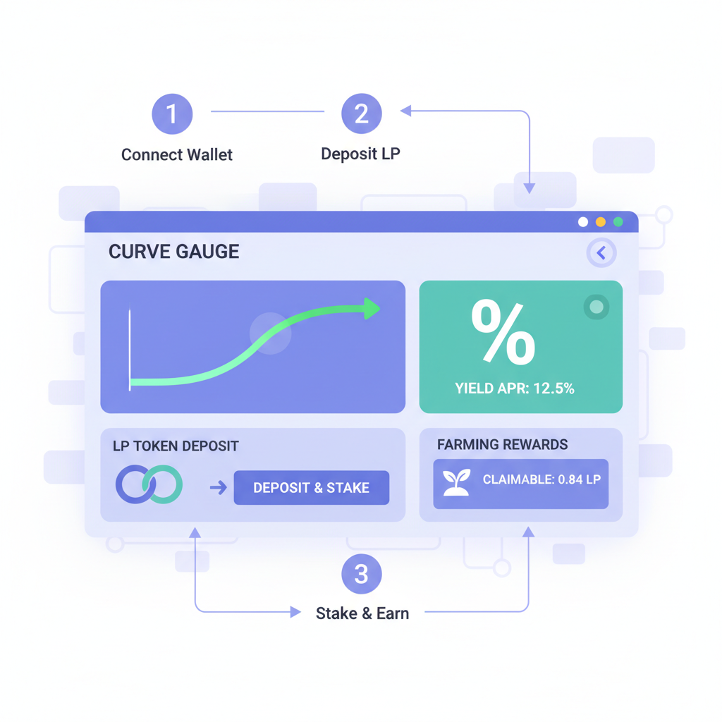 Curve gauge staking interface with LP token deposit, yield APR display, DeFi farming UI