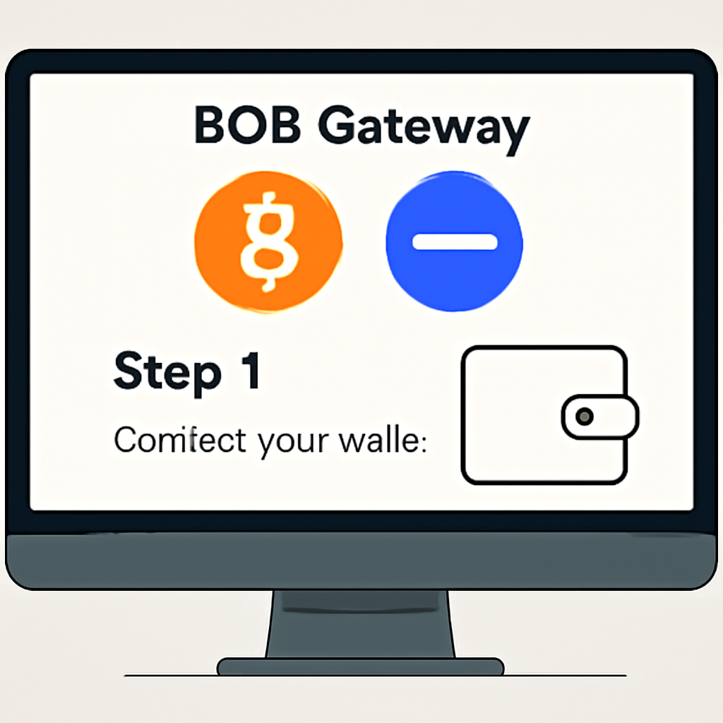 A computer screen displaying the BOB Gateway website with a Bitcoin logo and Base network symbol, clean and simple interface, modern style