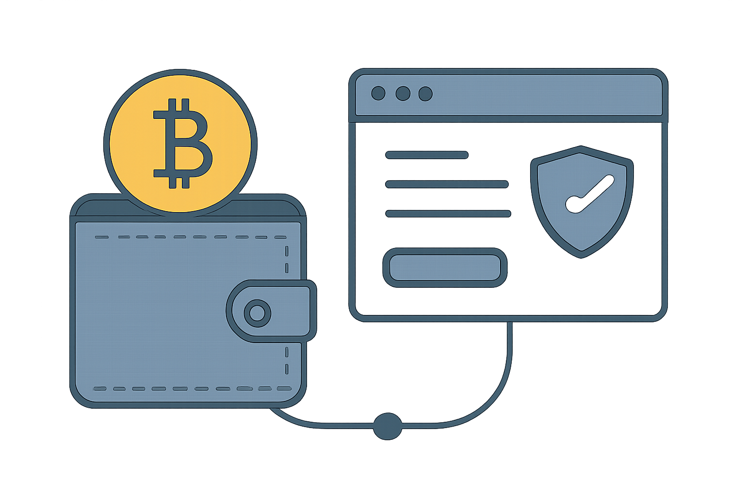 A digital wallet icon connecting to a website interface, with a Bitcoin symbol, user-friendly, secure feel