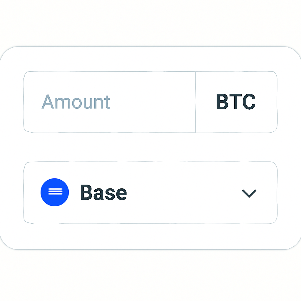 A user interface showing a BTC amount input field and a dropdown menu with 'Base' network selected, clear and simple design