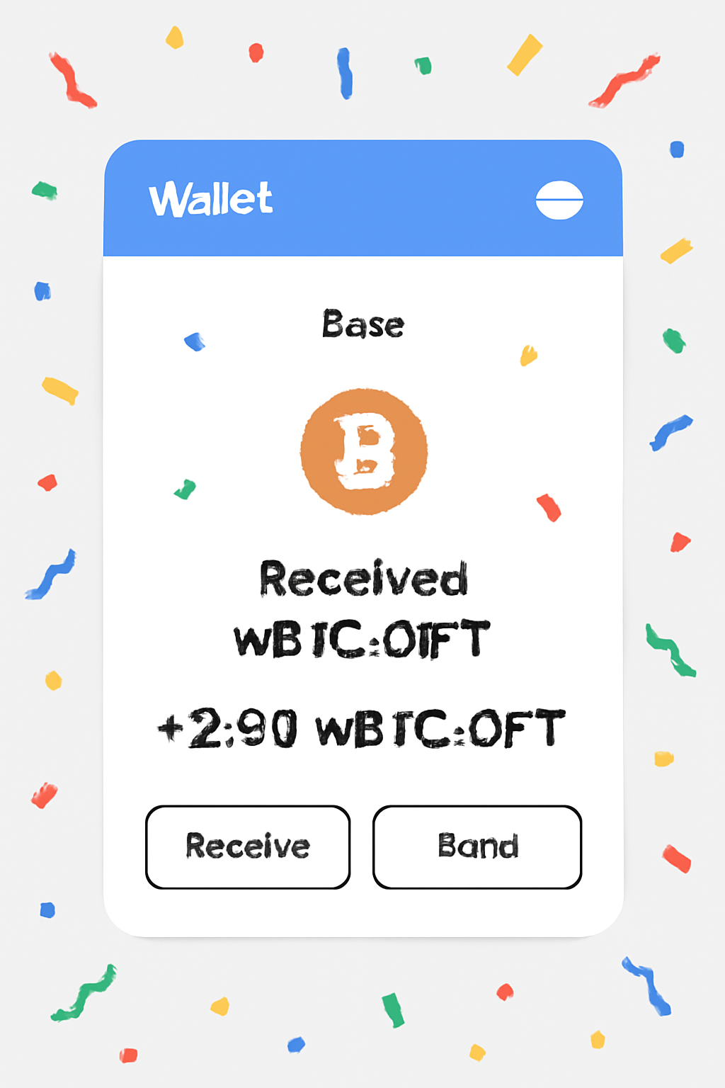 A wallet interface on Base network showing received wBTC.OFT tokens, with celebratory confetti, digital style